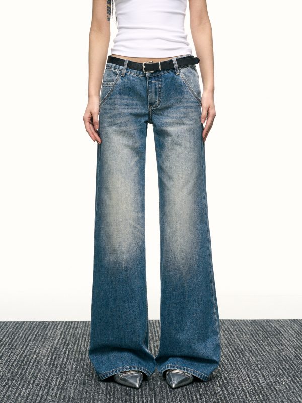 Blue Washed Scratch-Style Low-Rise Jeans for Women, Loose Straight-Leg Trousers, Slimming Wide-Leg Pants for Spring and Autumn Fashion