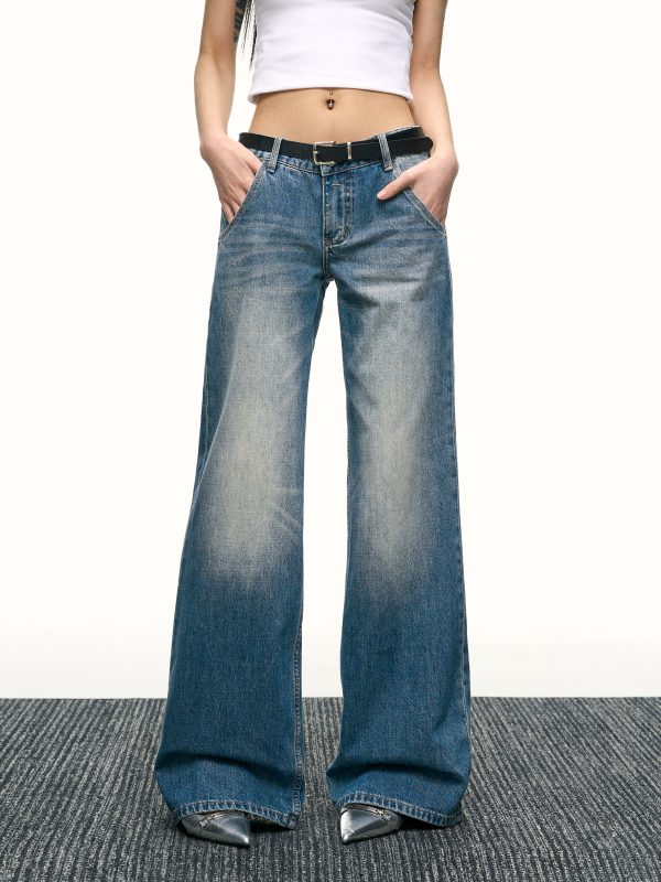Blue Washed Scratch-Style Low-Rise Jeans for Women, Loose Straight-Leg Trousers, Slimming Wide-Leg Pants for Spring and Autumn Fashion