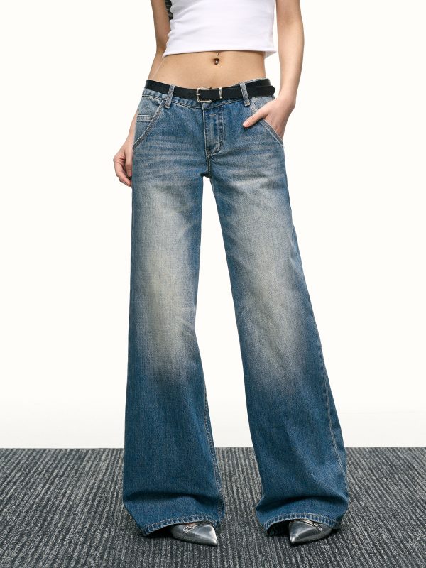 Blue Washed Scratch-Style Low-Rise Jeans for Women, Loose Straight-Leg Trousers, Slimming Wide-Leg Pants for Spring and Autumn Fashion
