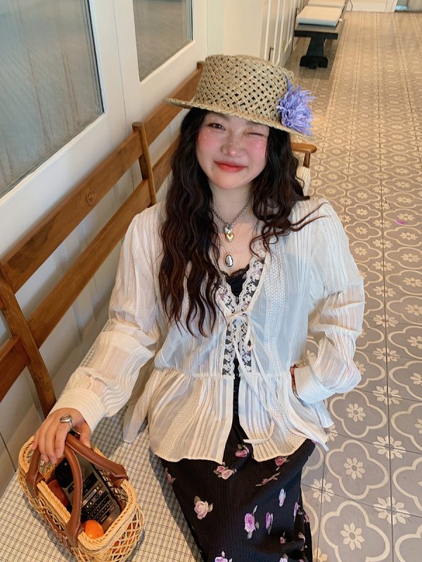 Breathable Long Sleeve Lace Blouse for Women - Summer 2025 Thin Shirt Jacket, Niche Design, Perfect for 90s and Y2K Fashion