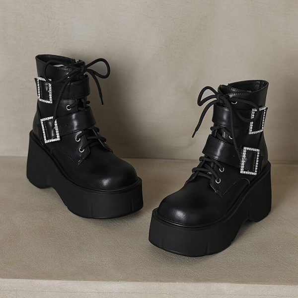 British Style Belt Buckle Thick-Soled Short Boots for Women - Fashionable Platform Martin Work Boots
