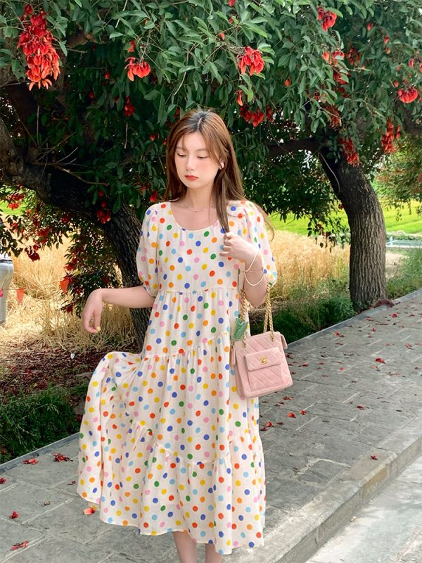 Bubble Neon Polka Dot Linen Dress for Women - Summer Puff Sleeve Long Skirt, Vintage Style Dopamine Outfit
