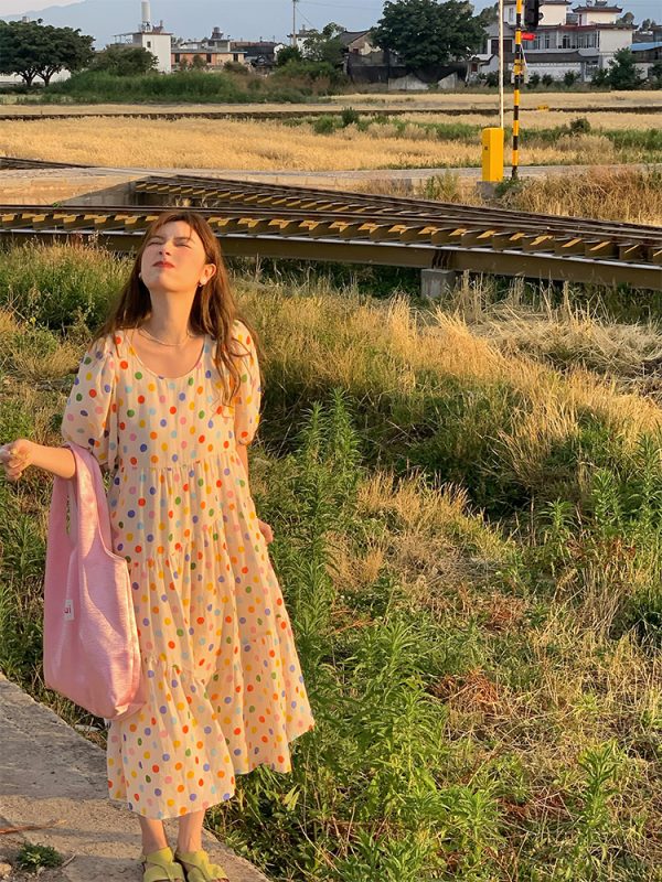 Bubble Neon Polka Dot Linen Dress for Women - Summer Puff Sleeve Long Skirt, Vintage Style Dopamine Outfit