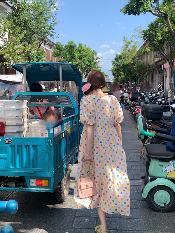 Bubble Neon Polka Dot Linen Dress for Women - Summer Puff Sleeve Long Skirt, Vintage Style Dopamine Outfit