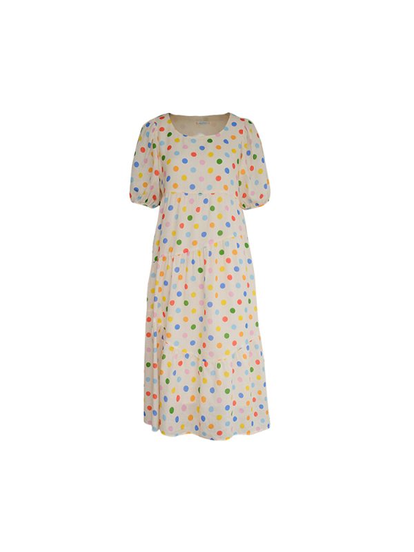 Bubble Neon Polka Dot Linen Dress for Women - Summer Puff Sleeve Long Skirt, Vintage Style Dopamine Outfit