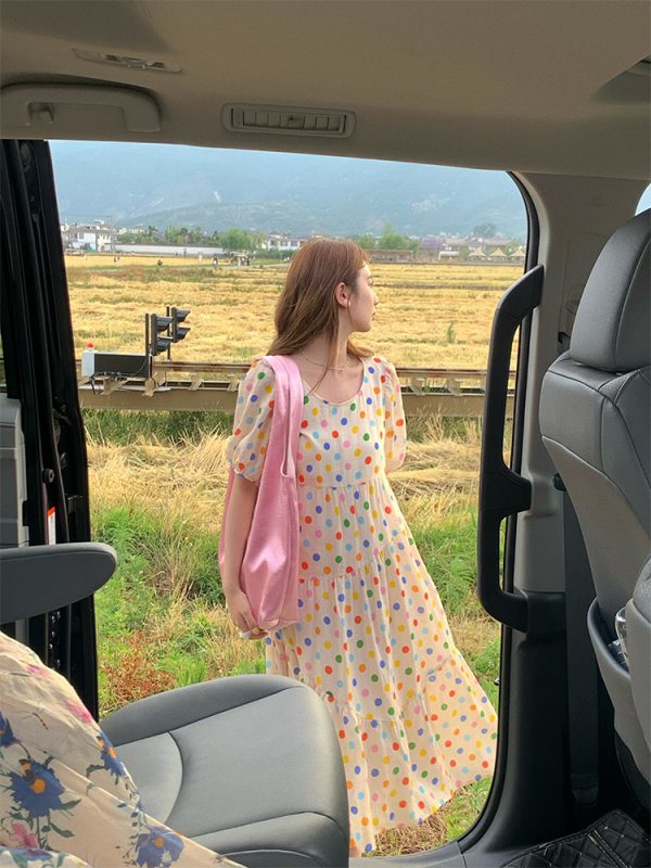 Bubble Neon Polka Dot Linen Dress for Women - Summer Puff Sleeve Long Skirt, Vintage Style Dopamine Outfit