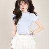 Butterfly Embroidery Tie-Up Shoulder Cropped Short Sleeve T-Shirt for Women â€“ Summer Fitted Top, Sweet and Spicy Style