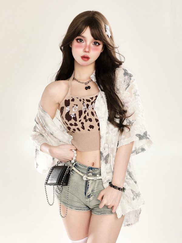 Butterfly Print Short Sleeve Shirt for Women - Summer Sun Protection Loose Cardigan Top