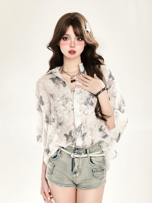 Butterfly Print Short Sleeve Shirt for Women - Summer Sun Protection Loose Cardigan Top