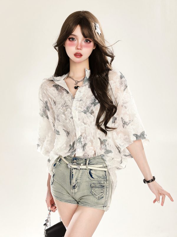 Butterfly Print Short Sleeve Shirt for Women - Summer Sun Protection Loose Cardigan Top