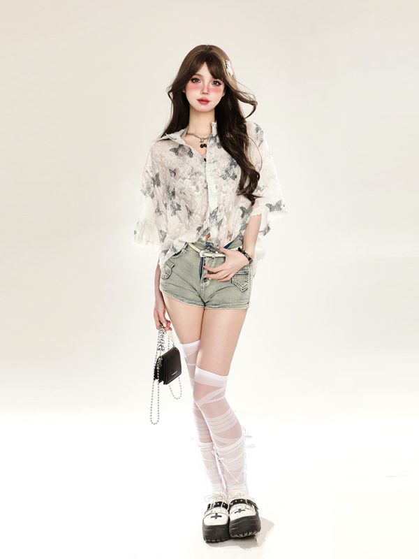 Butterfly Print Short Sleeve Shirt for Women - Summer Sun Protection Loose Cardigan Top