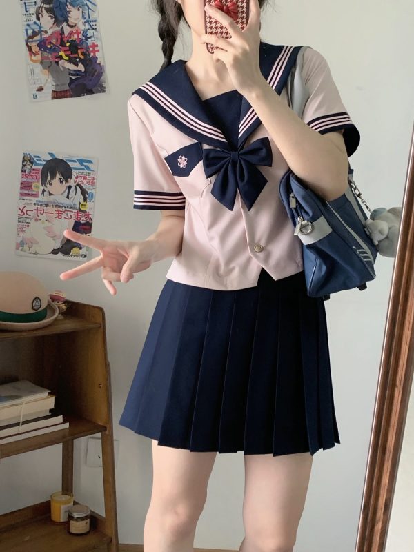 Camellia Women's Waist-Defined JK Uniform Sailor Suit Top - Summer Short Sleeve College Style with Three-Volume Design
