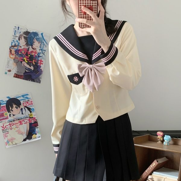 Camellia Women's Waist-Defined JK Uniform Sailor Suit Top - Summer Short Sleeve College Style with Three-Volume Design