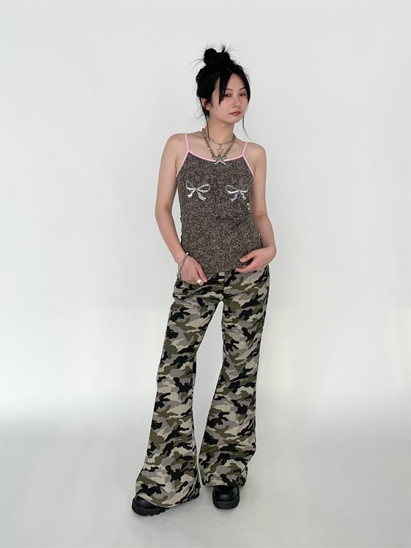 Camo Workwear Casual Split Slim-Fit Flared Wide-Leg Retro Chic Long Pants for Women - Trendy Y2K Fashion