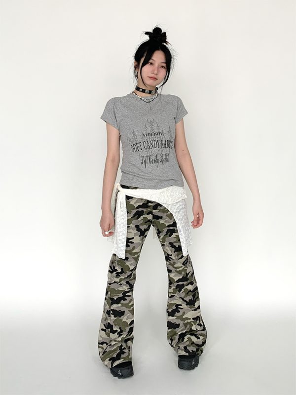 Camo Workwear Casual Split Slim-Fit Flared Wide-Leg Retro Chic Long Pants for Women - Trendy Y2K Fashion