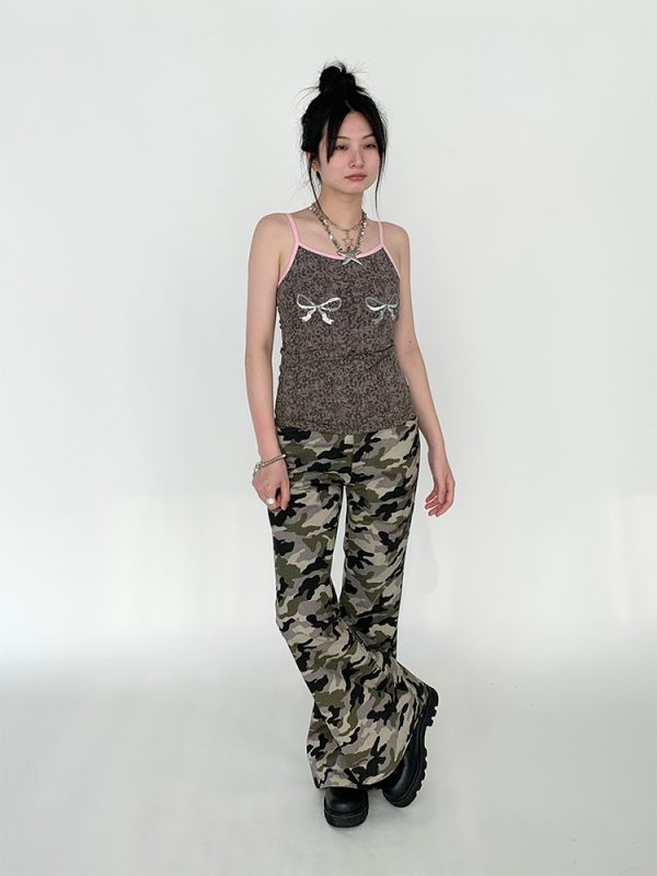 Camo Workwear Casual Split Slim-Fit Flared Wide-Leg Retro Chic Long Pants for Women - Trendy Y2K Fashion