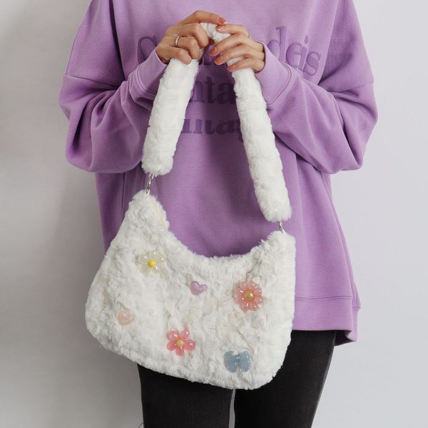 Candy Pink Plush Underarm Bag for Women - Sweet Strawberry Leopard Print Crossbody Tote - Cute Small Niche Style