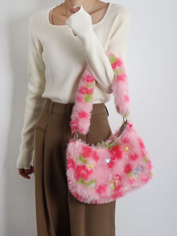 Candy Pink Plush Underarm Bag for Women - Sweet Strawberry Leopard Print Crossbody Tote - Cute Small Niche Style
