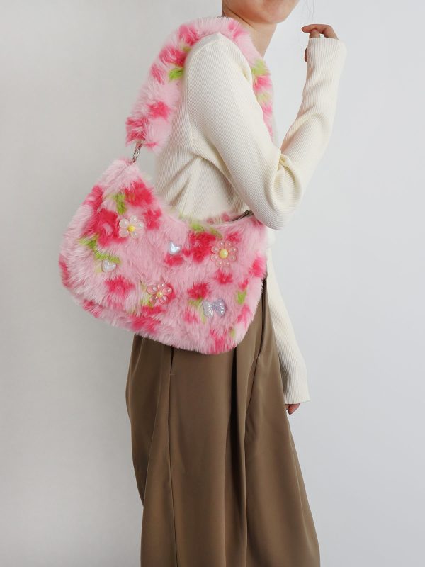 Candy Pink Plush Underarm Bag for Women - Sweet Strawberry Leopard Print Crossbody Tote - Cute Small Niche Style