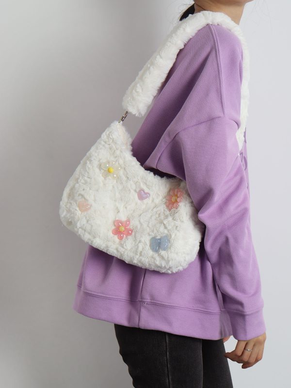 Candy Pink Plush Underarm Bag for Women - Sweet Strawberry Leopard Print Crossbody Tote - Cute Small Niche Style