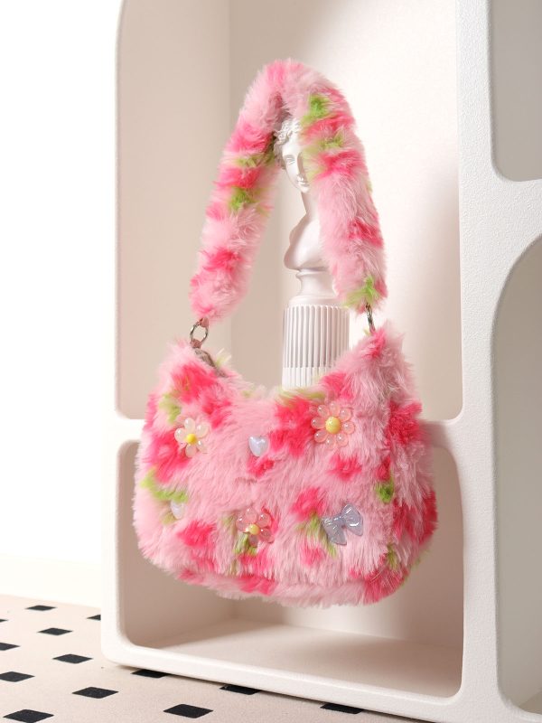 Candy Pink Plush Underarm Bag for Women - Sweet Strawberry Leopard Print Crossbody Tote - Cute Small Niche Style