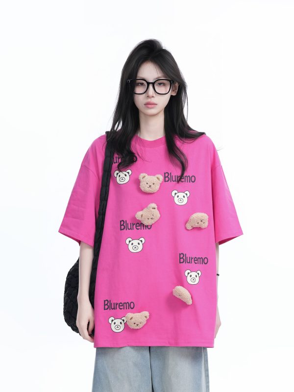Cartoon Graphic Pink Short Sleeve T-Shirt for Women - Fun Summer Design, Loose Fit, Casual Style
