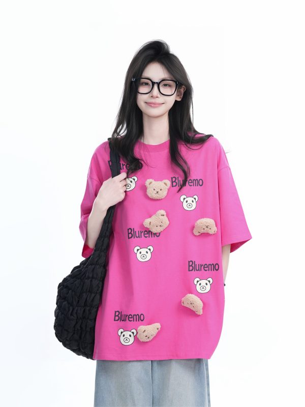 Cartoon Graphic Pink Short Sleeve T-Shirt for Women - Fun Summer Design, Loose Fit, Casual Style