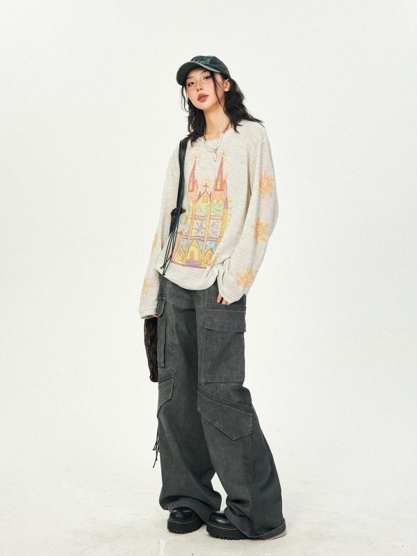 Castle Graffiti Long Sleeve T-Shirt for Women - 2024 Spring Loose Round Neck Urban Style Tee