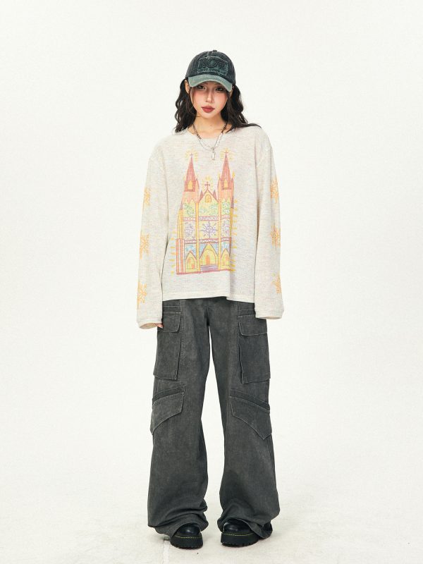 Castle Graffiti Long Sleeve T-Shirt for Women - 2024 Spring Loose Round Neck Urban Style Tee