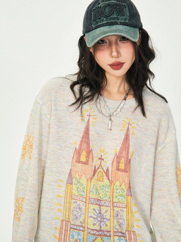 Castle Graffiti Long Sleeve T-Shirt for Women - 2024 Spring Loose Round Neck Urban Style Tee