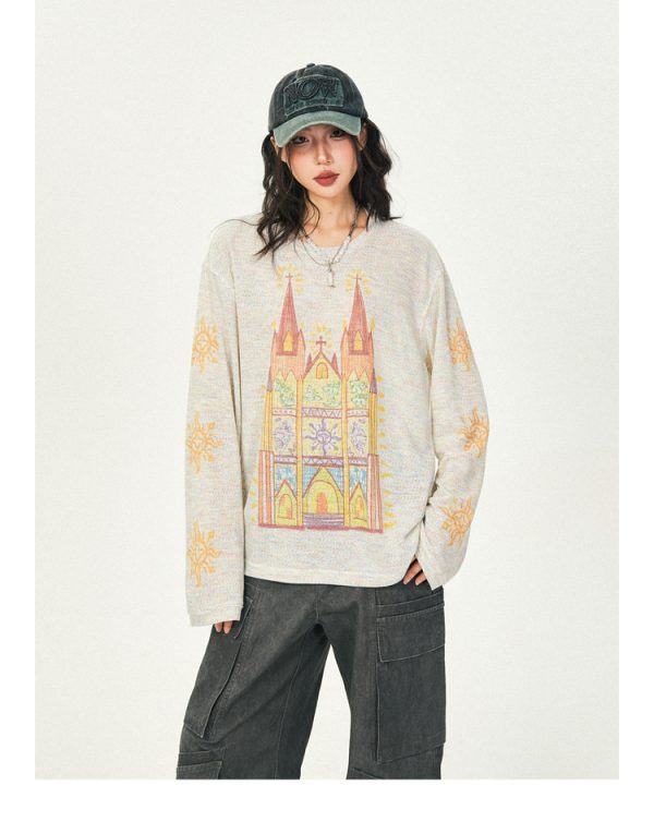 Castle Graffiti Long Sleeve T-Shirt for Women - 2024 Spring Loose Round Neck Urban Style Tee