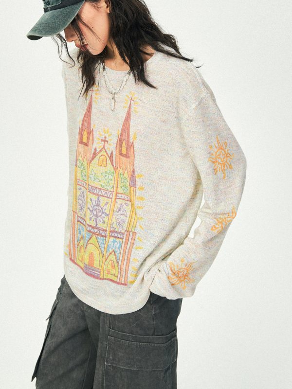 Castle Graffiti Long Sleeve T-Shirt for Women - 2024 Spring Loose Round Neck Urban Style Tee