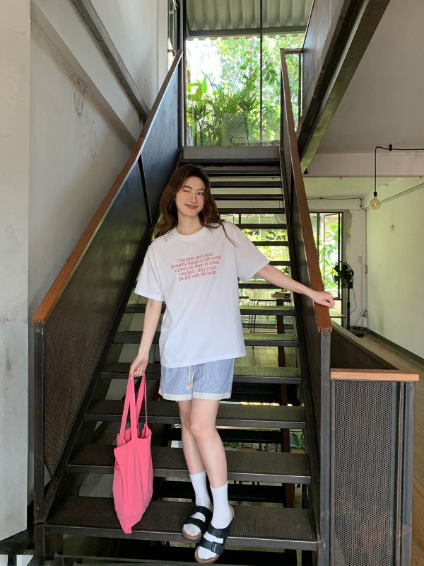 Casual 3D Letter Print Short Sleeve T-Shirt for Women - Summer 2025 Loose Round Neck Pure Cotton Top