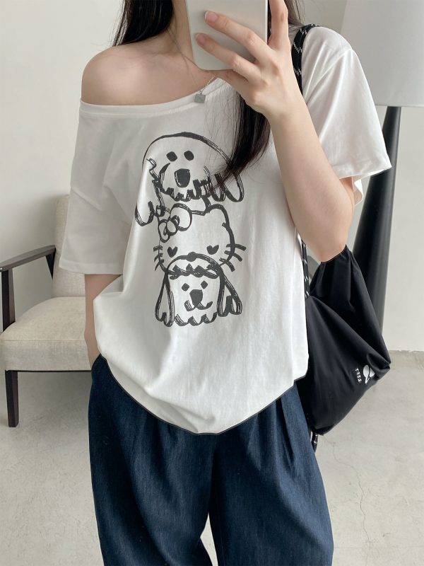 Casual Off-Shoulder T-Shirt for Women with Sun Grapefruit Puppy Kitten Print - 2025 Summer Loose Fit Age-Reducing Style