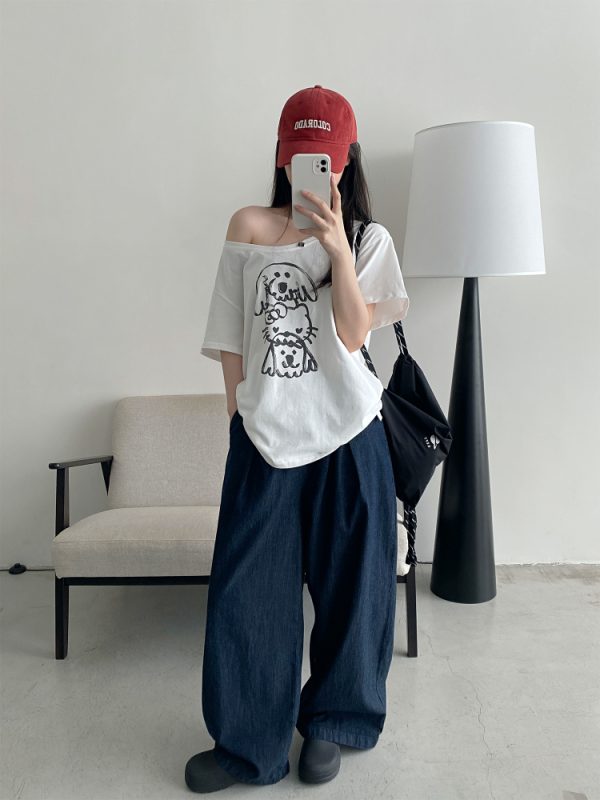 Casual Off-Shoulder T-Shirt for Women with Sun Grapefruit Puppy Kitten Print - 2025 Summer Loose Fit Age-Reducing Style