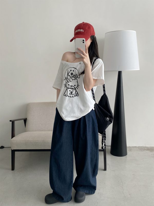 Casual Off-Shoulder T-Shirt for Women with Sun Grapefruit Puppy Kitten Print - 2025 Summer Loose Fit Age-Reducing Style