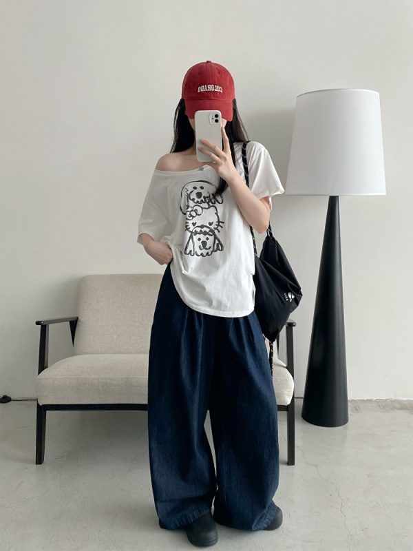 Casual Off-Shoulder T-Shirt for Women with Sun Grapefruit Puppy Kitten Print - 2025 Summer Loose Fit Age-Reducing Style