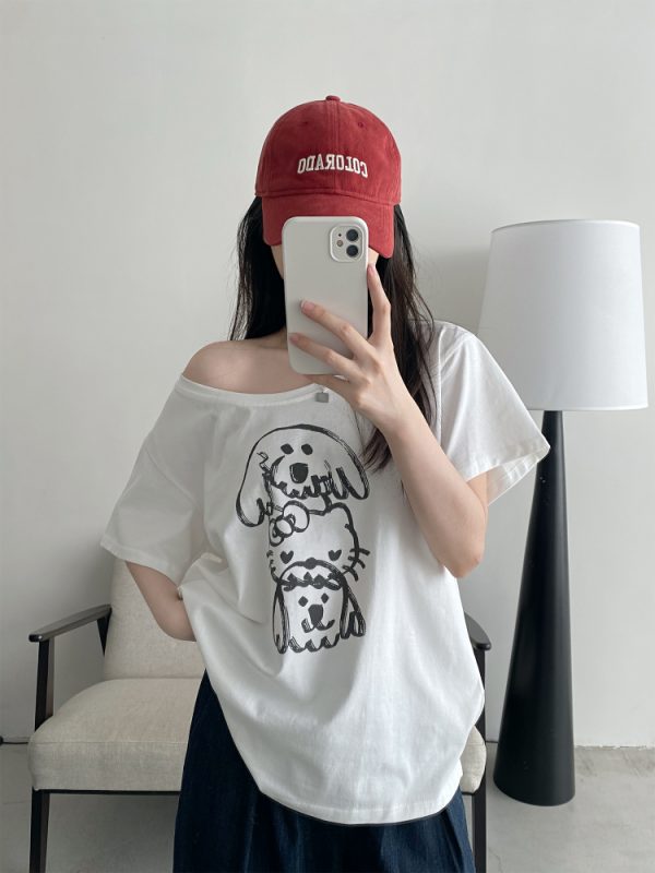 Casual Off-Shoulder T-Shirt for Women with Sun Grapefruit Puppy Kitten Print - 2025 Summer Loose Fit Age-Reducing Style