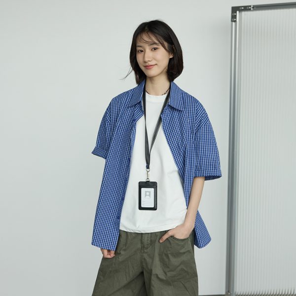 Casual Plaid Short Sleeve Shirt for Men and Women - Oversized Unisex Commuter Top, Perfect for 90s and Y2K Style