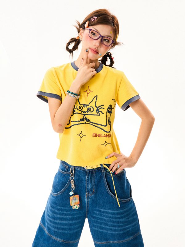 Cat Fun Print Color Block Short Sleeve T-Shirt for Women - Summer Versatile Top in Playful Dopamine Colors