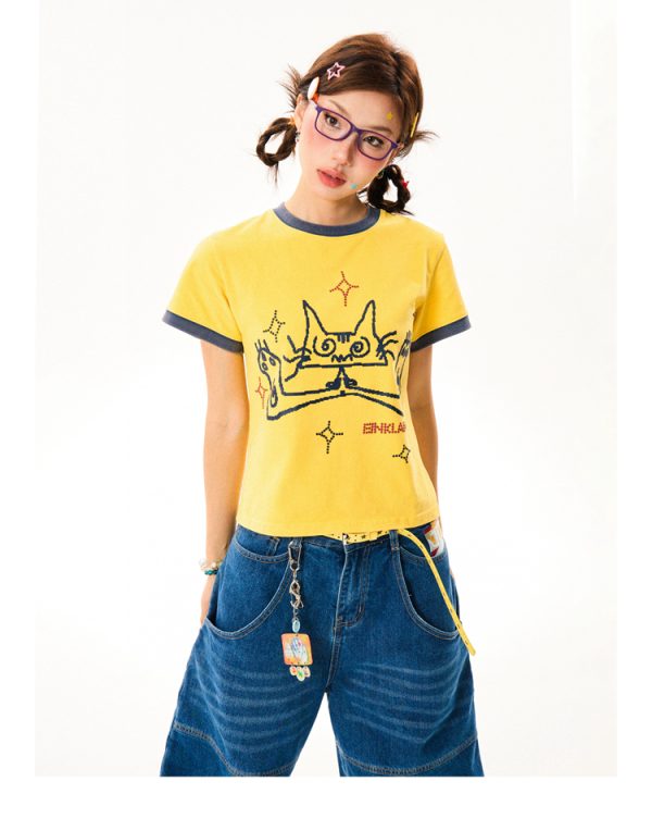 Cat Fun Print Color Block Short Sleeve T-Shirt for Women - Summer Versatile Top in Playful Dopamine Colors