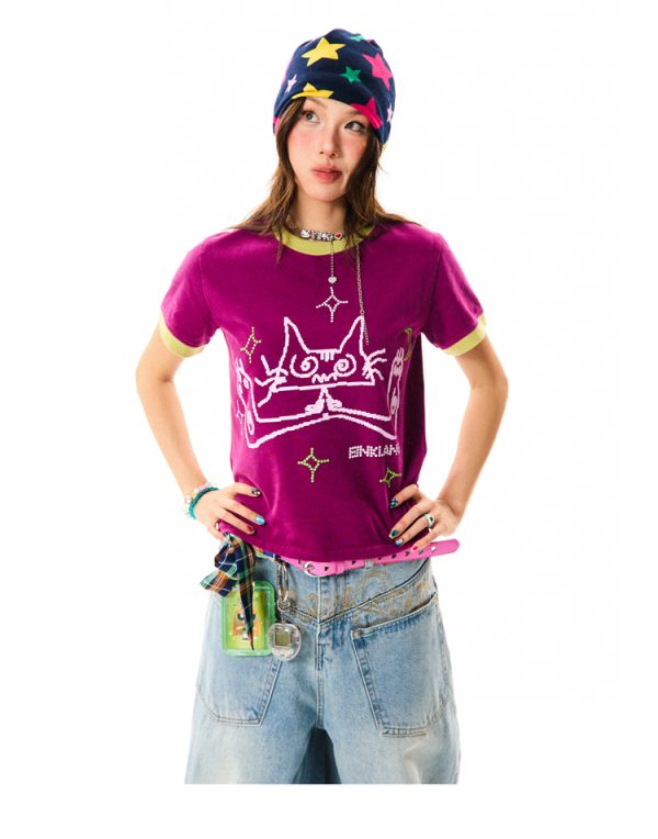 Cat Fun Print Color Block Short Sleeve T-Shirt for Women - Summer Versatile Top in Playful Dopamine Colors