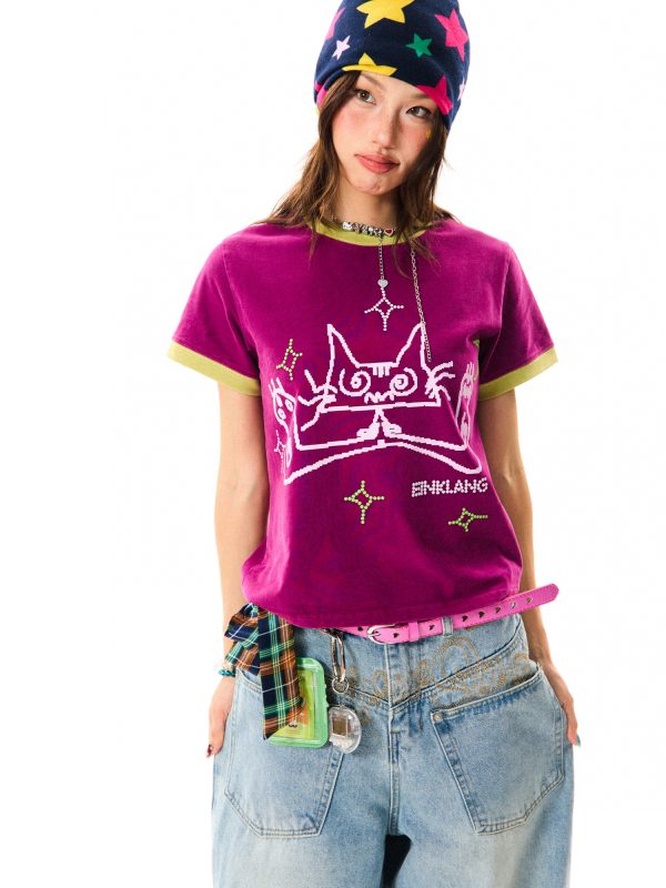 Cat Fun Print Color Block Short Sleeve T-Shirt for Women - Summer Versatile Top in Playful Dopamine Colors