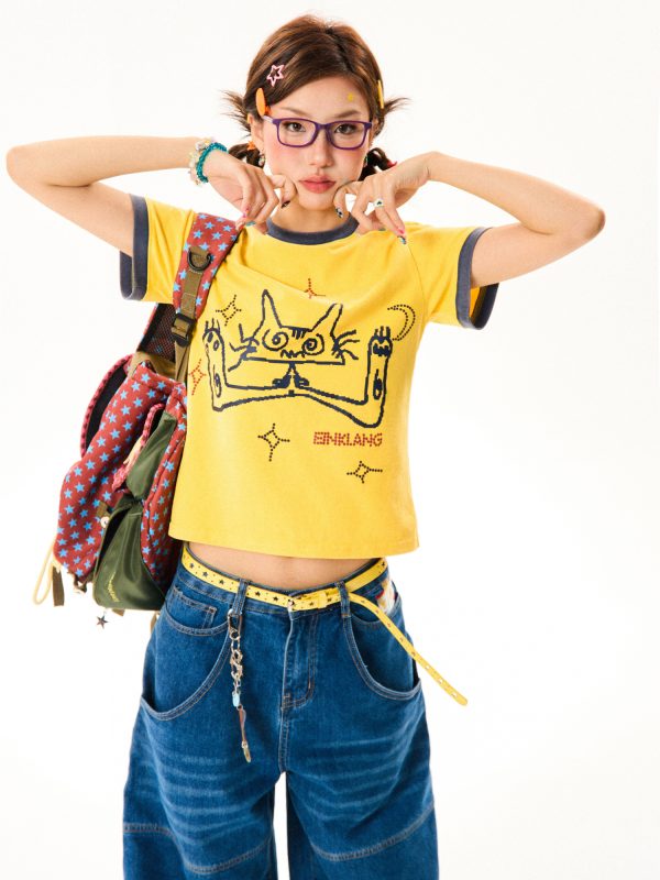 Cat Fun Print Color Block Short Sleeve T-Shirt for Women - Summer Versatile Top in Playful Dopamine Colors