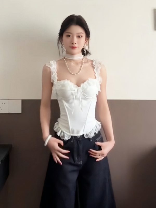 Ceiling White Spaghetti Strap Women's Summer Lace Splicing Slim-Fit Tank Top - Sexy Fishbone Design for a Chic Look