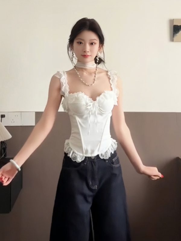 Ceiling White Spaghetti Strap Women's Summer Lace Splicing Slim-Fit Tank Top - Sexy Fishbone Design for a Chic Look