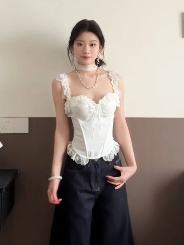 Ceiling White Spaghetti Strap Women's Summer Lace Splicing Slim-Fit Tank Top - Sexy Fishbone Design for a Chic Look