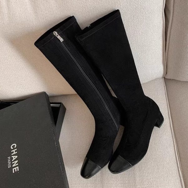 Chanel-Style Patchwork Chunky Heeled Long Boots for Women, Height-Increasing Slim-Fit Design, Fashionable Footwear for Petite Individuals