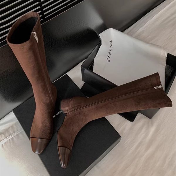 Chanel-Style Patchwork Chunky Heeled Long Boots for Women, Height-Increasing Slim-Fit Design, Fashionable Footwear for Petite Individuals