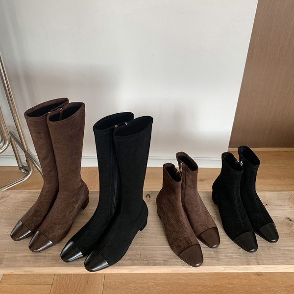 Chanel-Style Patchwork Chunky Heeled Long Boots for Women, Height-Increasing Slim-Fit Design, Fashionable Footwear for Petite Individuals